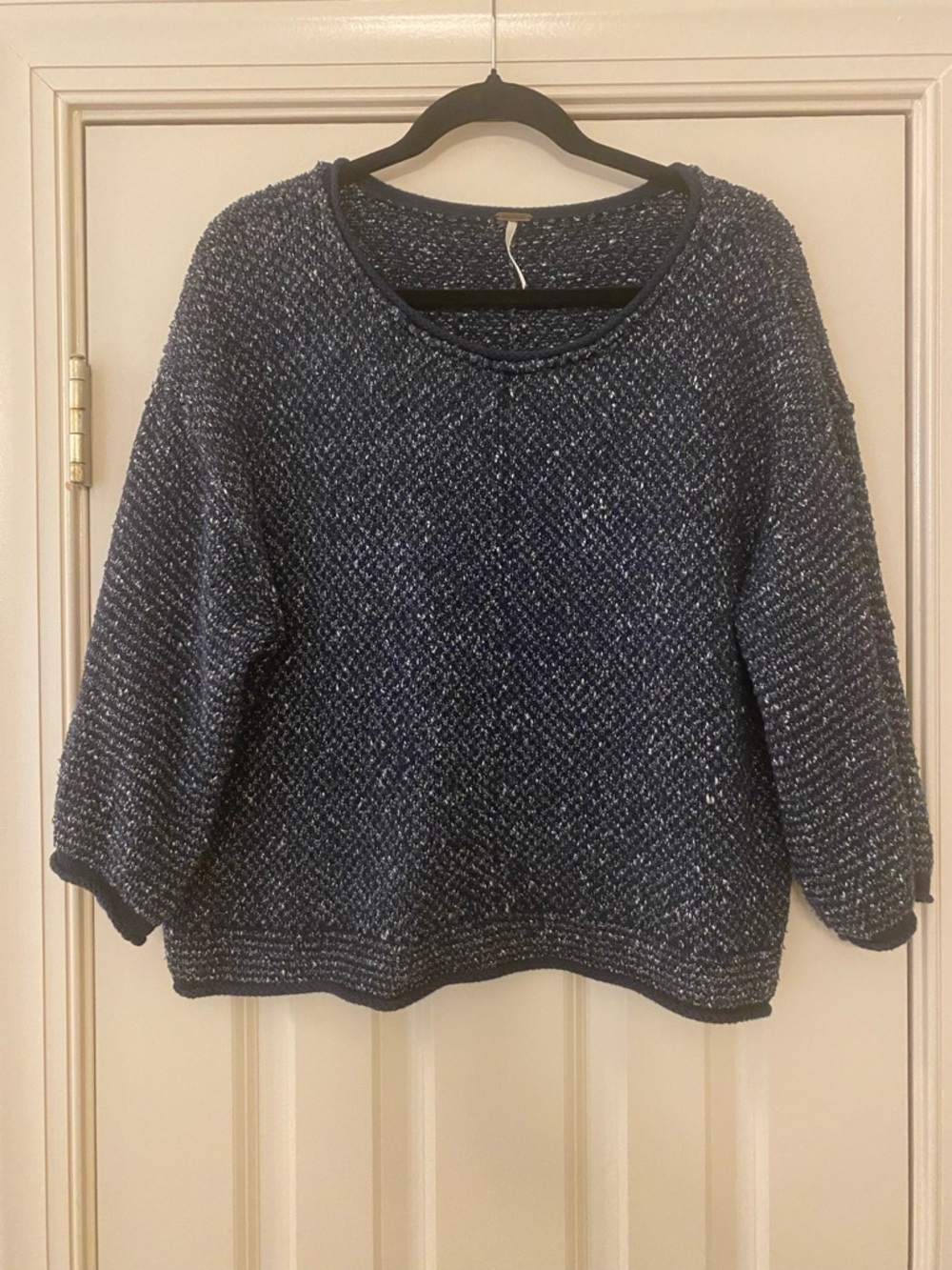 Free People S Cotton Blend Oversized Cropped Navy Textured Crewneck Sweater